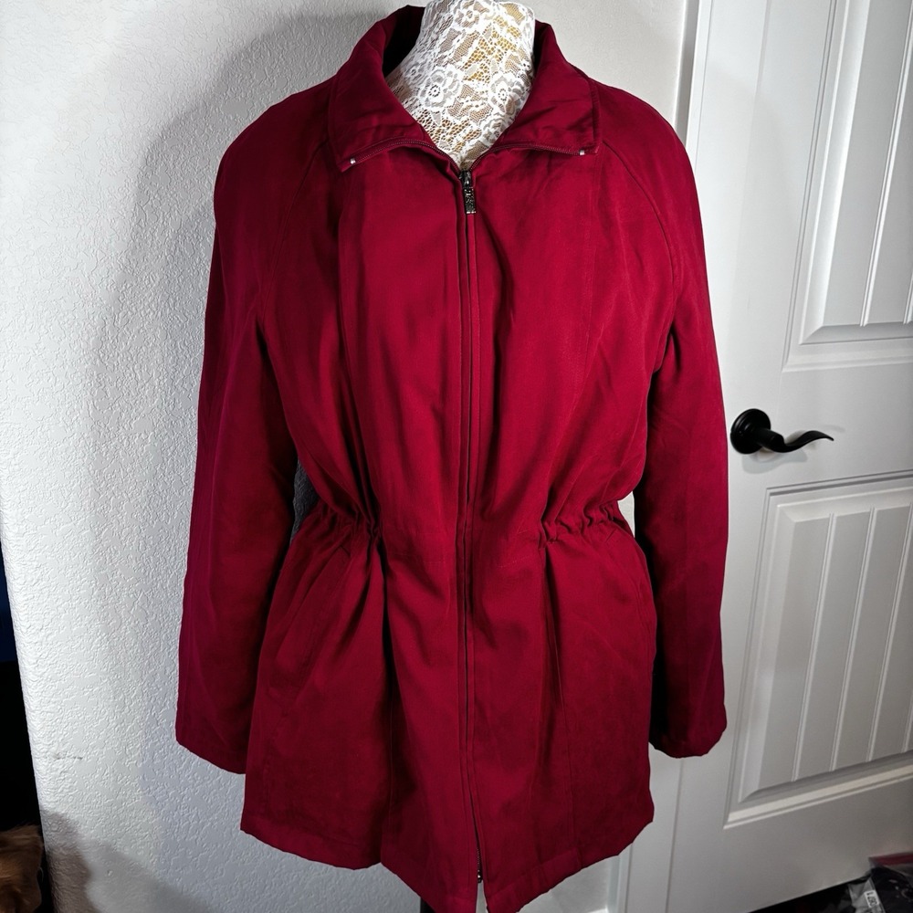 London Fog Women's Zip Up Coat Red Quilted Zip Lining Drawstring Waist  Toggle L